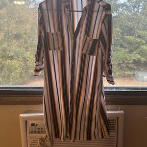 black, yellow, white stripped dress with buttoned v neck